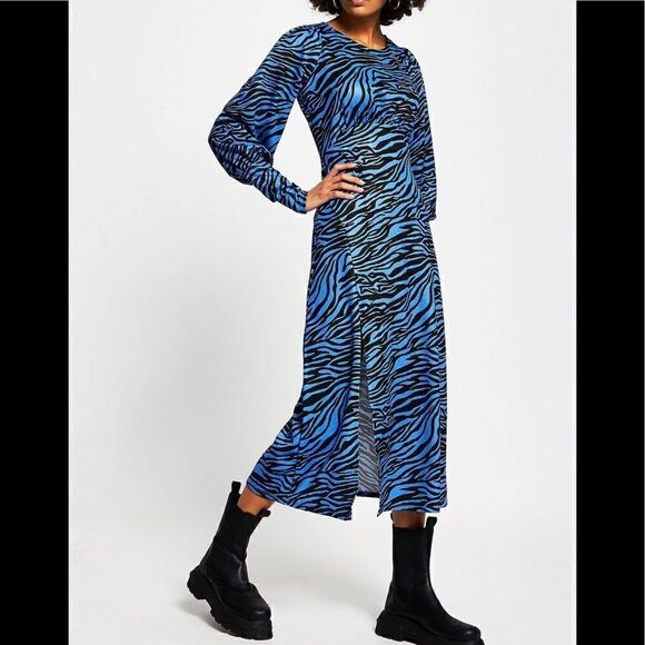 NWOT River Island Zebra Print Mini Dress in Blue - Picture 1 of 4